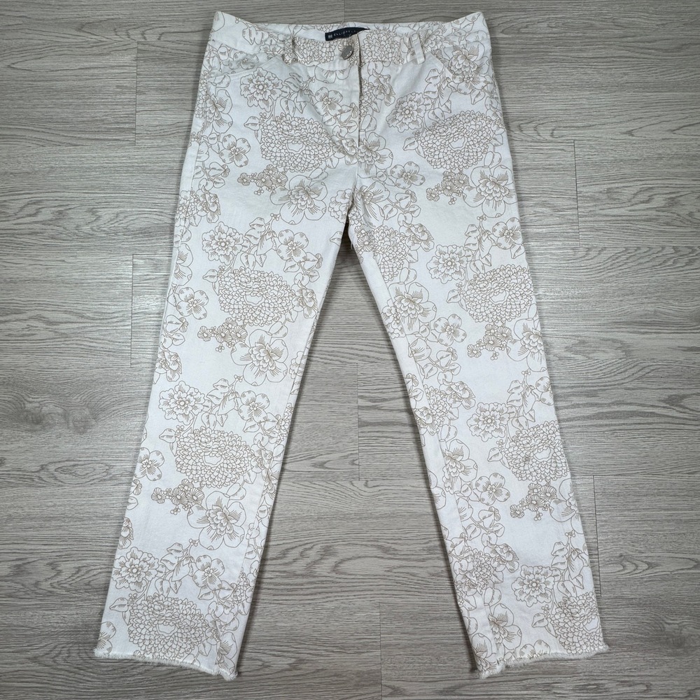 Elliott Lauren Women Pants Floral Print White Tan 4 Raw Hem Stretch Cotton Blend